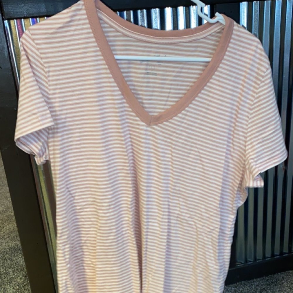 Pink & White Stripe V-neck T-shirt